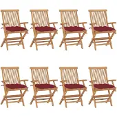 vidaXL Tuinstoelen 8 st met wijnrode kussens massief teakhout