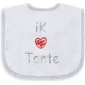 Funnies geborduurd tekst slabbetje: Ik hartje tante (rood)
