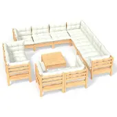 vidaXL 12-delige Loungeset met crèmekleurige kussens grenenhout