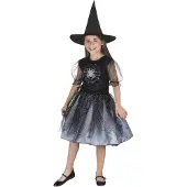 Merkloos Spiderweb witch jurkje kids (Zwart en zilver, 104 / 116 (4-6 jaar))