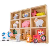 New Classic Toys Houten Boerderij Dieren Speelgoed - Speelfigurenset in Houten Opbergdoos - Speelset