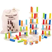 Woet Houten Balanstoren Spel - Educatief Stapelspel met Dobbelstenen - Kleurenherkenning en Motoriek - FSC - Vanaf 3 Jaar
