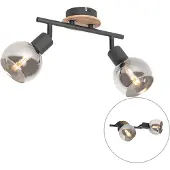 QAZQA Plafondlamp zwart met smoke glas en hout 2-lichts - Vidro