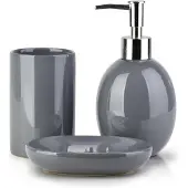 BathLAB by MONDEX Driedelige badkamerset Sue | BathLAB by MONDEX keramiek grijs 8x8x17 cm zeepdispensers en -schalen | NADUVI