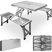 Generic Picknick tafel Campingtafel - Blad van hout en zitting aluminium - voor 4 personen - Wit - 85,5 x 67,5 x 66cm