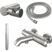 Brauer Opbouwset bad- en douchekraan brushed carving thermostatisch met wandhouder geborsteld rvs