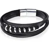 Mendes Leren armband RVS kralen Touw Zwart Zilverkleurig-20.5cm