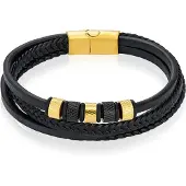 Mendes Leren Multi armband RVS kralen Zwart Goudkleurig-22cm