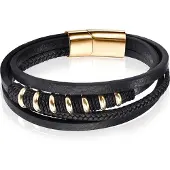 Mendes Leren armband RVS kralen Touw Zwart Goudkleurig-22cm