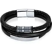 Mendes multi armband leer RVS Kraal Zwart Zilverkleurig-22cm