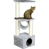 Flamingo Krabpaal – Baretti Grijs & Ecru – 35x35x103 cm – krabpaal met tunnel, huisje & ligplateaus – stijlvolle kattenboom – voor alle kattenrassen