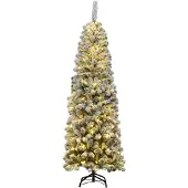 Costway Kerstboom van hout, 180 cm, kunstboom met 500 PVC-takken met sneeuw, kerstboom met 250 warmwitte LED-lampjes en metalen voet