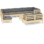 vidaXL 10-delige loungeset voor de tuin met grijze kussens, gemaakt van massief grenenhout