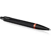 Parker IM Vibrant Rings balpen | satijn zwarte lak met feloranje details | medium punt met blauwe inkt navulling | geschenkdoos