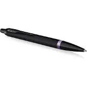 Parker IM Vibrant Rings balpen | satijn zwarte lak met amethist paarse details | medium punt met blauwe inkt navulling | geschenkdoos