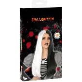 Atosa Halloween verkleedpruik lang haar - zwart/wit - dames - Zombie/Spook/Heks - Verkleedpruiken