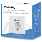 Lanberg AC-WS01-USB2-F wandcontactdoos met 16A SCHUKO-stopcontact en 2 USB 2.1A poorten, kleur: wit