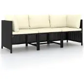 vidaXL Tuinbank 3-zits met kussens poly rattan zwart
