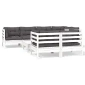 vidaXL 8-delige loungeset voor de tuin met kussens, wit, massief grenenhout