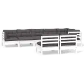 vidaXL 8-delige loungeset voor de tuin met kussens, wit, massief grenenhout
