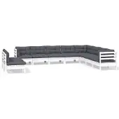 vidaXL 10-delige loungeset voor de tuin met kussens, wit, massief hout, grenen