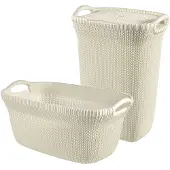 Curver Knit Wasmand met deksel 57L + Wasmand 40L - Gebroken wit
