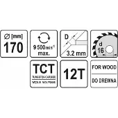 YATO Cirkelzaagblad Ø170 mm - 12 T - binnendiameter 16 mm