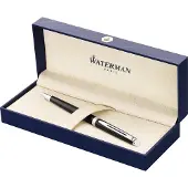 Waterman Hémisphère-balpen | Glimmend zwart met chromen rand | Medium punt | Blauwe inkt | Cadeauverpakking
