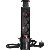 ORNO Verticale Stekkerdoos - Pop up stekkerblok met 3 stopcontacten - Ø 60mm Inbouw Verdeelstekker met 1.8 meter kabel - Stekkerblok voor max. 3680 Watt - Zwart