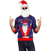 Wilbers Kersttrui blauw rocking Santa - 100% acryl - Carnavalskleding heren | Maat Xl |