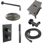Brauer Edition Inbouwset Met 3-weg Thermostaat - Hoofddouche 20cm - Gebogen Wandarm 40cm - Staafhanddouche - Wandaansluiting - Geborsteld Gunmetal PVD - Kranen, Douchekranen, Douchesets, Inbouw