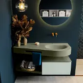 Mondiaz riva 120 cm badmeubel onderkast /planchet kleur greey met 1 lade. Wastafel dulcet rechts 0 kraangaten kleur army.