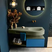 Mondiaz RIVA 120cm badmeubel onderkast / planchet kleur Jeans met 1 lade. Wastafel DULCET rechts 0 kraangaten kleur Army.