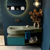 Mondiaz RIVA 120cm badmeubel onderkast / planchet kleur Smag met 1 lade. Wastafel DULCET links 0 kraangaten kleur Army.