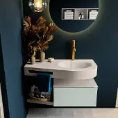 Mondiaz riva 100 cm badmeubel onderkast /planchet kleur greey met 1 lade. Wastafel dulcet rechts 1 kraangat kleur linen.