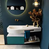 Mondiaz riva 120 cm badmeubel onderkast /planchet kleur smag met 1 lade. Wastafel dulcet links 0 kraangaten kleur talc.