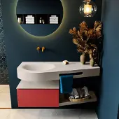 Mondiaz riva 120 cm badmeubel onderkast /planchet kleur fire met 1 lade. Wastafel dulcet links 0 kraangaten kleur linen.