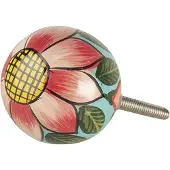Clayre & Eef Deurknop 3x7 Cm Rood Roze Hout Rond Bloem Meubelknop Kastknop Rood Meubelknop Kastknop