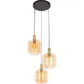QAZQA Design hanglamp zwart met messing en amber glas 3-lichts - Zuzanna
