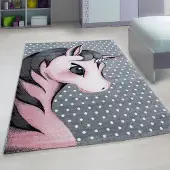Muratap Kids eenhoorn vloerkleed kinderkamer roze / grijs laagpolig- 80x150 cm