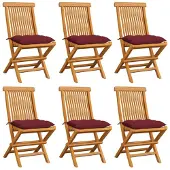 vidaXL Tuinstoelen 6 st met wijnrode kussens massief teakhout