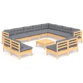 vidaXL 13-delige loungeset voor de tuin met grijze kussens, gemaakt van massief grenenhout