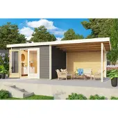 Karibu tuinhuis, tuinhuis Radeburg 1, set met 3,3 meter breed uitbouwdak en achterwand, onbehandeld hout, afmetingen 604x309x229,5 cm