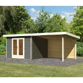 Karibu tuinhuis, tuinhuis Radeburg 1, set met 3,3 meter breed uitbouwdak en achterwand, kleur terragrau, afmetingen 604x309x229,5 cm