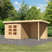 Karibu tuinhuis/schuur, model Kandern 3, in een set met een aanbouwdak, breedte 2,35 meter, achterwand van 28 mm, onbehandeld hout, afmetingen 445x244x222 cm