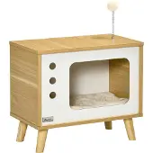 PawHut Paws kattengrot, kattenhut met speelgoedbal, kattenhuis met kussen, eiken