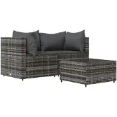 vidaXL 3-delige loungeset voor de tuin met kussens, grijs, polyrotan