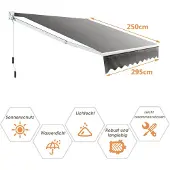 Costway Zonnescherm – Intrekbaar & Waterafstotend – 295 x 250 cm – Grijs