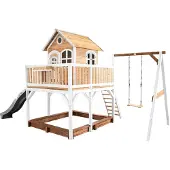 Axi Liam Speelhuis op palen, zandbak, enkele schommel & grijze glijbaan Speelhuisje voor de tuin / buiten in bruin &