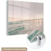 MuchoWow Glasschilderij 160x120 cm - Schilderij acrylglas - Zee - Strand - Brug - Natuur - Zonsondergang - Foto op glas - Schilderijen